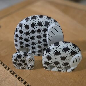 Mid Century Soapstone Modern Carved Dot Elephant Trio figurines/ Sculpture white